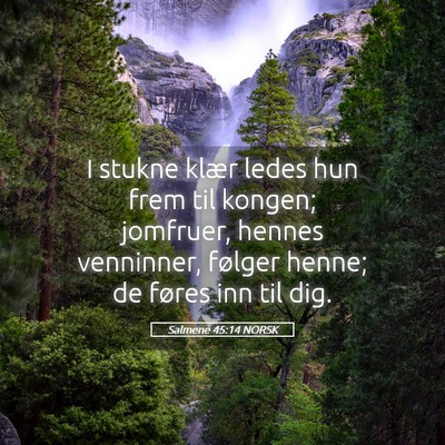 Picture 05 - Salmene 45:14 NORSK - I stukne klær ledes hun frem til kongen; - Bible Verse Picture