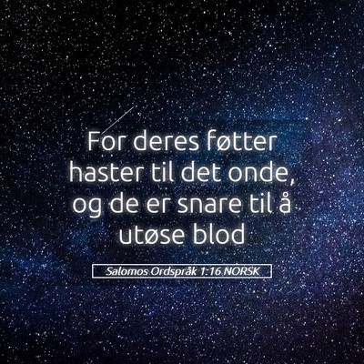 Picture 05 - Salomos Ordspråk 1:16 NORSK - For deres føtter haster til det onde, og de er - Bible Verse Picture