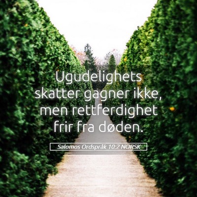 Picture 05 - Salomos Ordspråk 10:2 NORSK - Ugudelighets skatter gagner ikke, men - Bible Verse Picture