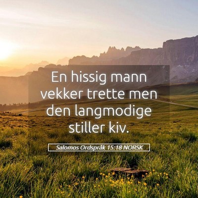 Picture 05 - Salomos Ordspråk 15:18 NORSK - En hissig mann vekker trette men den langmodige - Bible Verse Picture