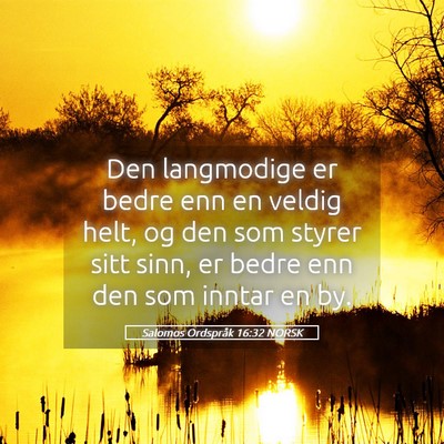 Picture 05 - Salomos Ordspråk 16:32 NORSK - Den langmodige er bedre enn en veldig helt, og - Bible Verse Picture