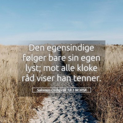 Picture 05 - Salomos Ordspråk 18:1 NORSK - Den egensindige følger bare sin egen lyst; mot - Bible Verse Picture