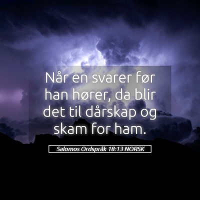Picture 05 - Salomos Ordspråk 18:13 NORSK - Når en svarer før han hører, da blir det til - Bible Verse Picture