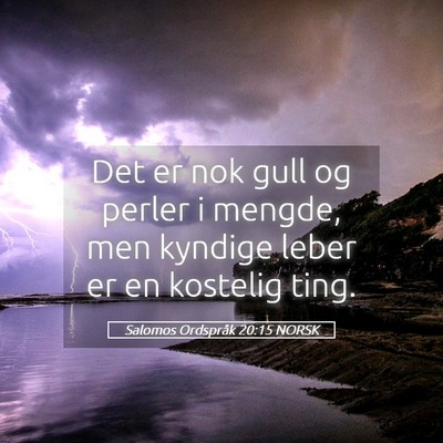 Picture 05 - Salomos Ordspråk 20:15 NORSK - Det er nok gull og perler i mengde, men kyndige - Bible Verse Picture