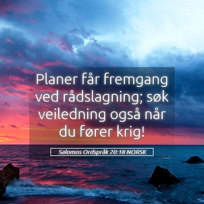 Picture 05 - Salomos Ordspråk 20:18 NORSK - Planer får fremgang ved rådslagning; søk - Bible Verse Picture