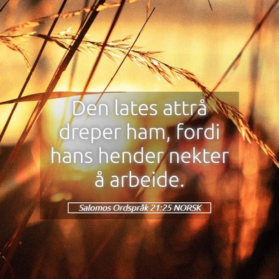 Picture 05 - Salomos Ordspråk 21:25 NORSK - Den lates attrå dreper ham, fordi hans hender - Bible Verse Picture