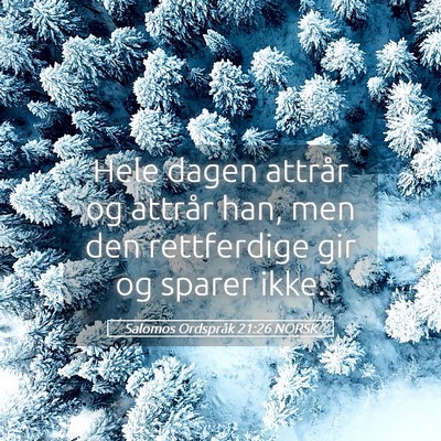 Picture 05 - Salomos Ordspråk 21:26 NORSK - Hele dagen attrår og attrår han, men den - Bible Verse Picture