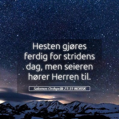 Picture 05 - Salomos Ordspråk 21:31 NORSK - Hesten gjøres ferdig for stridens dag, men - Bible Verse Picture