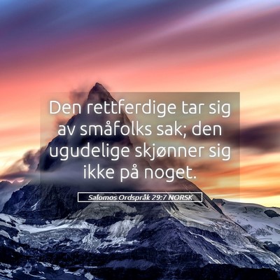 Picture 05 - Salomos Ordspråk 29:7 NORSK - Den rettferdige tar sig av småfolks sak; den - Bible Verse Picture