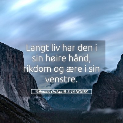 Picture 05 - Salomos Ordspråk 3:16 NORSK - Langt liv har den i sin høire hånd, rikdom og - Bible Verse Picture