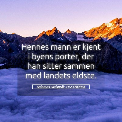 Picture 05 - Salomos Ordspråk 31:23 NORSK - Hennes mann er kjent i byens porter, der han - Bible Verse Picture