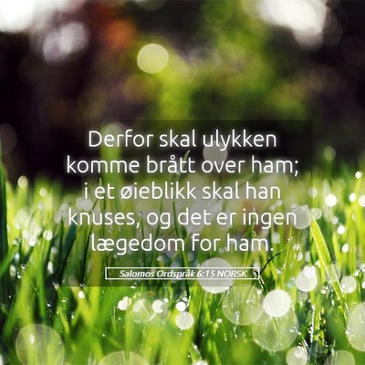 Picture 05 - Salomos Ordspråk 6:15 NORSK - Derfor skal ulykken komme brått over ham; i et - Bible Verse Picture