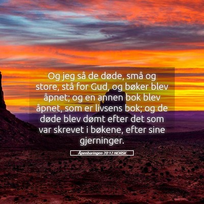 Picture 05 - Åpenbaringen 20:12 NORSK - Og jeg så de døde, små og store, stå for Gud, - Bible Verse Picture