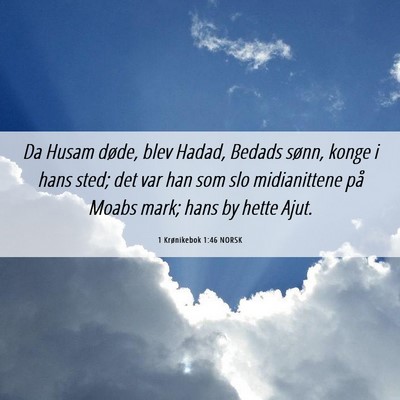 Picture 06 - 1 Krønikebok 1:46 NORSK - Da Husam døde, blev Hadad, Bedads sønn, konge i - Bible Verse Picture