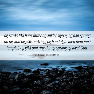 Picture 06 - Apostlenes gjerninger 3:8 NORSK - og straks fikk hans føtter og ankler styrke, og - Bible Verse Picture