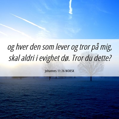 Picture 06 - Johannes 11:26 NORSK - og hver den som lever og tror på mig, skal aldri - Bible Verse Picture