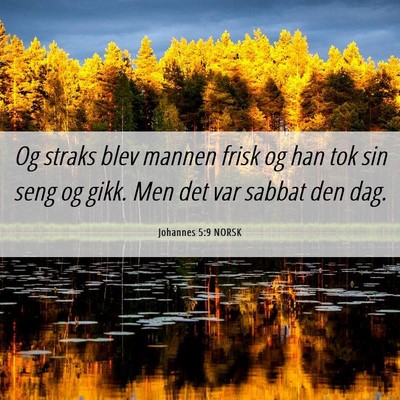 Picture 06 - Johannes 5:9 NORSK - Og straks blev mannen frisk og han tok sin seng - Bible Verse Picture