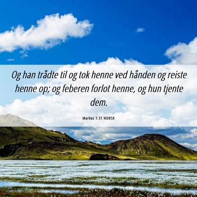 Picture 06 - Markus 1:31 NORSK - Og han trådte til og tok henne ved hånden og - Bible Verse Picture