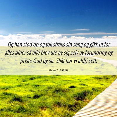 Picture 06 - Markus 2:12 NORSK - Og han stod op og tok straks sin seng og gikk ut - Bible Verse Picture