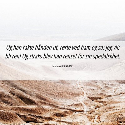 Picture 06 - Matteus 8:3 NORSK - Og han rakte hånden ut, rørte ved ham og sa: - Bible Verse Picture