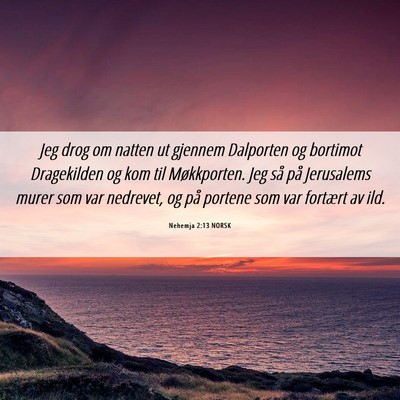 Picture 06 - Nehemja 2:13 NORSK - Jeg drog om natten ut gjennem Dalporten og - Bible Verse Picture