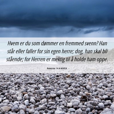 Picture 06 - Romerne 14:4 NORSK - Hvem er du som dømmer en fremmed svenn? Han - Bible Verse Picture