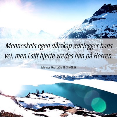 Picture 06 - Salomos Ordspråk 19:3 NORSK - Menneskets egen dårskap ødelegger hans vei, men - Bible Verse Picture