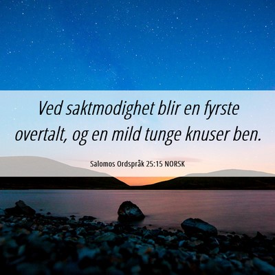 Picture 06 - Salomos Ordspråk 25:15 NORSK - Ved saktmodighet blir en fyrste overtalt, og en - Bible Verse Picture