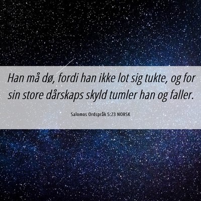Picture 06 - Salomos Ordspråk 5:23 NORSK - Han må dø, fordi han ikke lot sig tukte, og for - Bible Verse Picture
