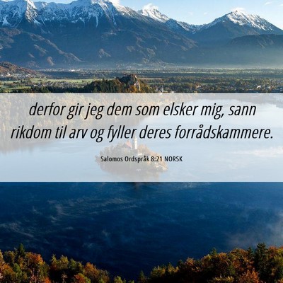 Picture 06 - Salomos Ordspråk 8:21 NORSK - derfor gir jeg dem som elsker mig, sann rikdom - Bible Verse Picture