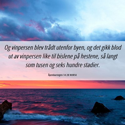 Picture 06 - Åpenbaringen 14:20 NORSK - Og vinpersen blev trådt utenfor byen, og det - Bible Verse Picture