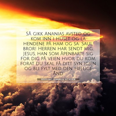 Picture 07 - Apostlenes gjerninger 9:17 NORSK - Så gikk Ananias avsted og kom inn i huset og la - Bible Verse Picture