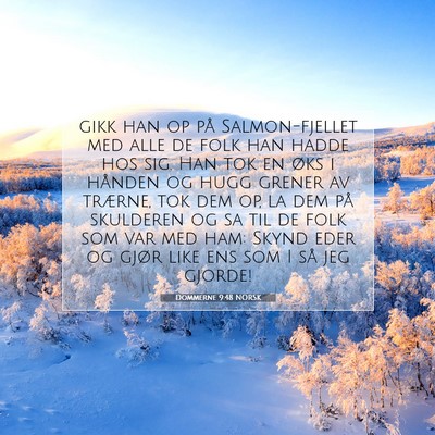 Picture 07 - Dommerne 9:48 NORSK - gikk han op på Salmon-fjellet med alle de folk - Bible Verse Picture