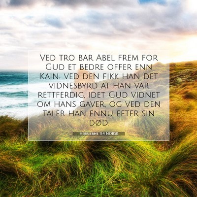 Picture 07 - Hebreerne 11:4 NORSK - Ved tro bar Abel frem for Gud et bedre offer enn - Bible Verse Picture