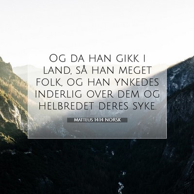 Picture 07 - Matteus 14:14 NORSK - Og da han gikk i land, så han meget folk, og han - Bible Verse Picture