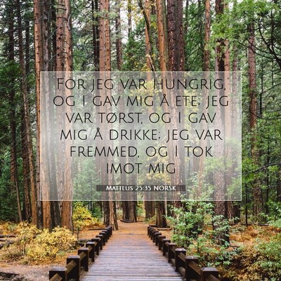 Picture 07 - Matteus 25:35 NORSK - For jeg var hungrig, og I gav mig å ete; jeg var - Bible Verse Picture