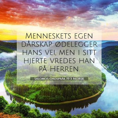 Picture 07 - Salomos Ordspråk 19:3 NORSK - Menneskets egen dårskap ødelegger hans vei, men - Bible Verse Picture